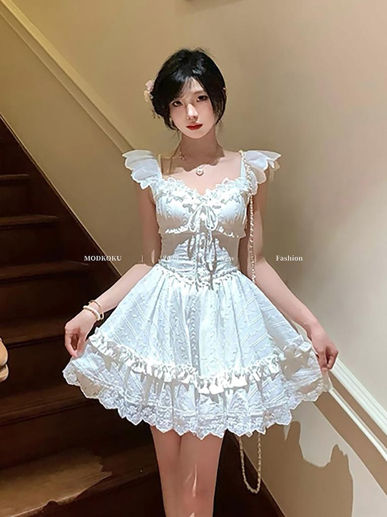 Mori Girl Dress for Flutter French Korean Clean and Summer Clothing [MODKOKU] Women, Sleeves, Girly, Elegant, Feminine, Style, Ribbon, Lace, Frills,