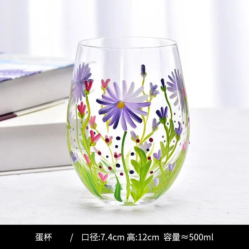1piece Colored Plant Pattern High Legged Red Wine Glass Summer Natural Pattern Thickened Glass Cup Beer Glasses And Tall Glasses
