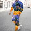 Men Bright Purple Color Block Haunted Castle Bat Print Long Sleeve Sweatshirt Jogger Pants Two Piece Suit
