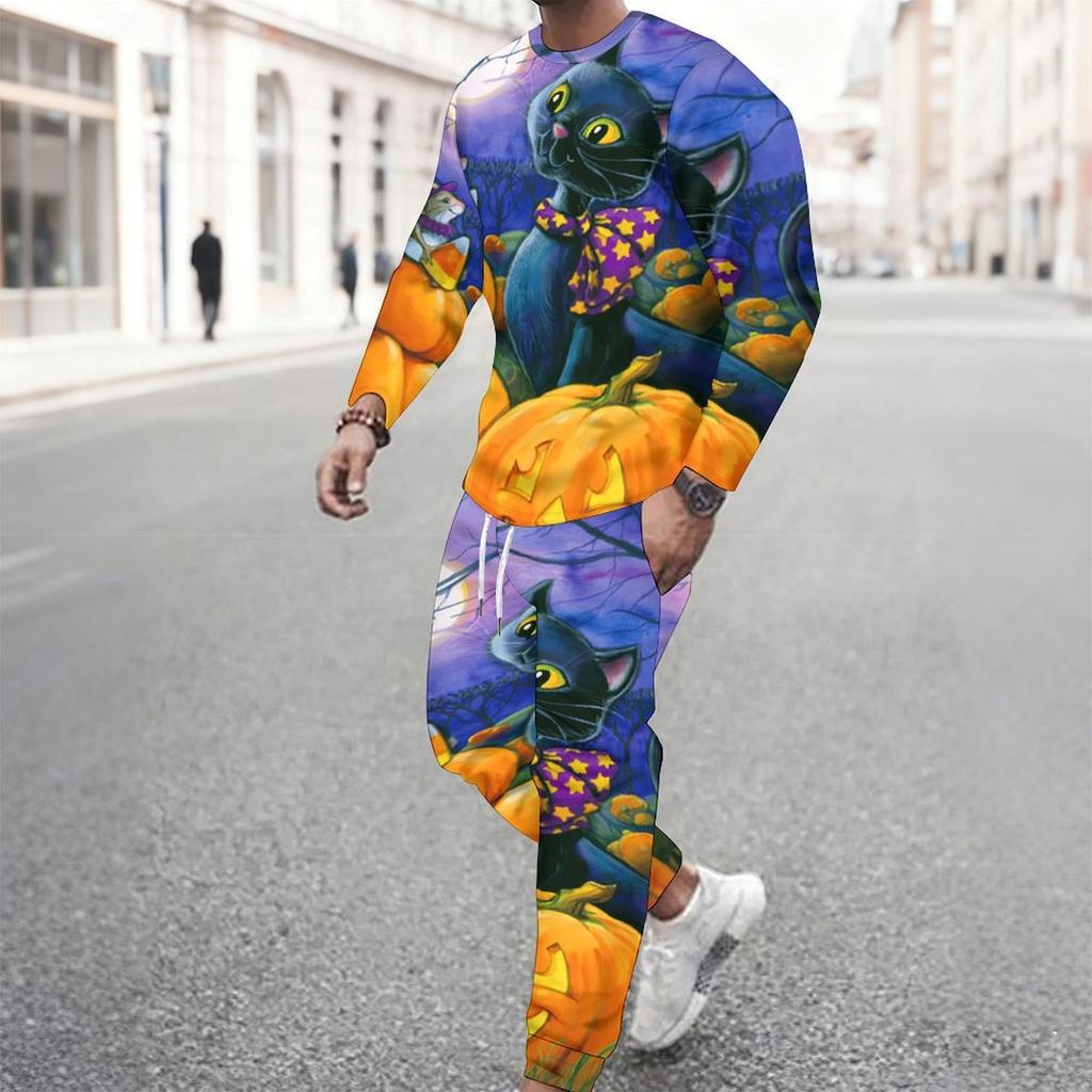 Men Bright Purple Color Block Haunted Castle Bat Print Long Sleeve Sweatshirt Jogger Pants Two Piece Suit