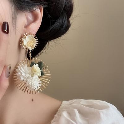 Silver Needle Fabric Flower Pendant Earrings New Dopamine Vacation Style Earrings Niche High-end Earrings Women
