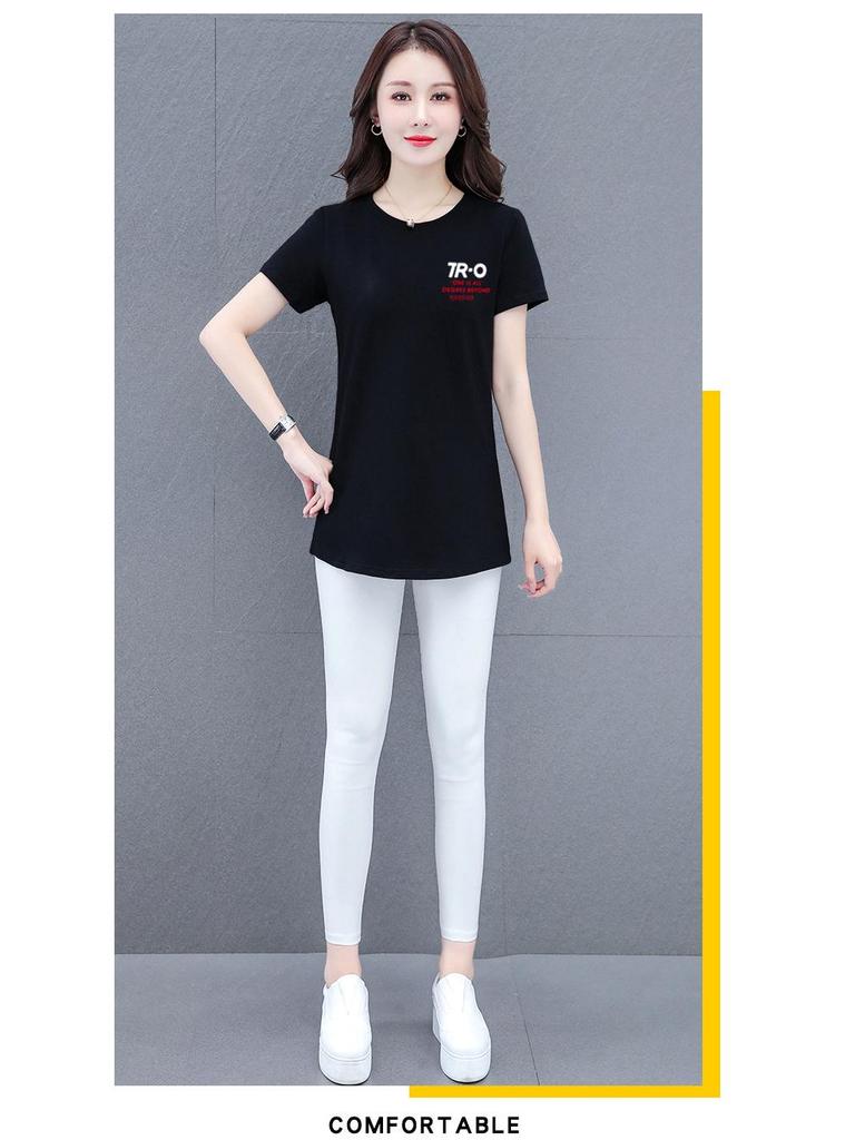Summer 2025 Women's Slim Fit Pure Cotton Mid-Length Round Neck T-Shirt