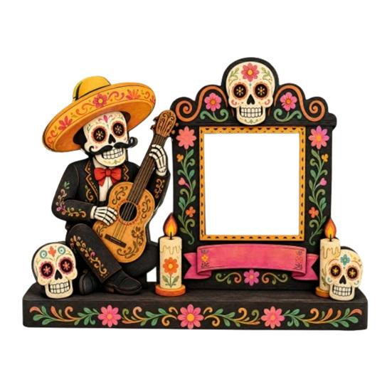 Bunte Festival Tischdekoration Totentag Fotorahmen, Lebendiger Blumiger Zuckerknochen Muster Druck, Dia De Los Muertos Tischdisplay Mexikanische Katrina