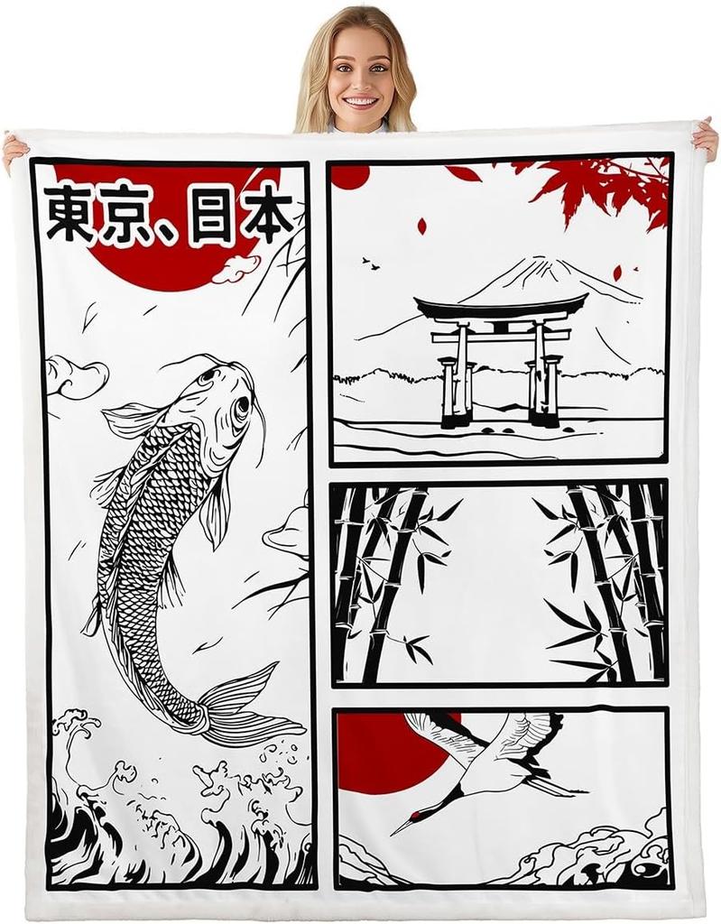 GUOYU Blanket Cat Anime Fleece Throw Blanket Queen Japanese Retro Funny Cat Sherpa Blanket Boys Girls Japanese Style Plush Blanket Japanese