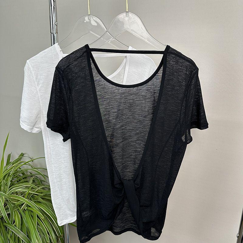 Crisscross Open Back Bamboo Fiber Breathable Yoga Cover-up T-shirt with Sun Protection 