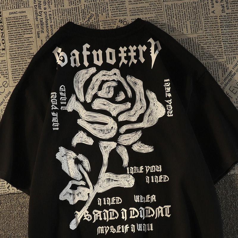 New Hong Kongstyle Retro High Street Rose Loose Trendy Summer Tshirt 100 Cotton Cool Versatile Adult Mens Daily Wear Soft