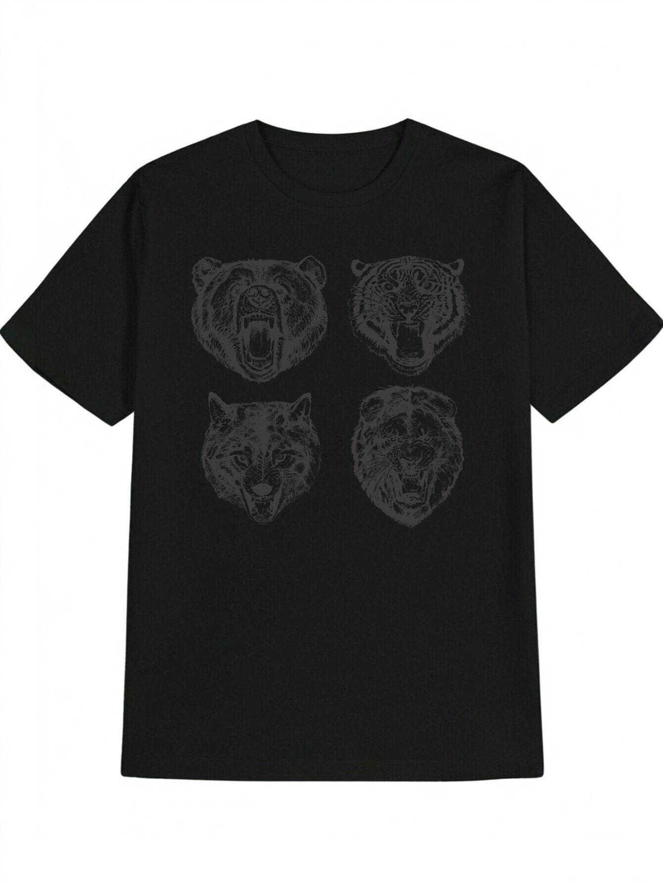 Casual Short Sleeve T-shirt with Rhombus Framed Triple Bear Head Print - Black & White Graphic Summer Top XXL
