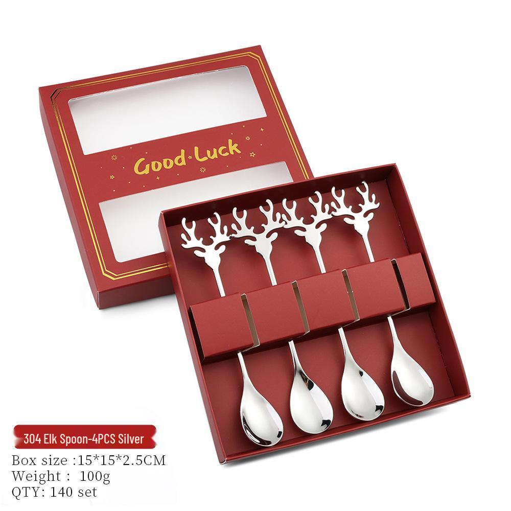 Reindeer-Themed 304 Stainless Steel Coffee and Dessert Mixing Spoon Gift Set In Cute Christmas Box