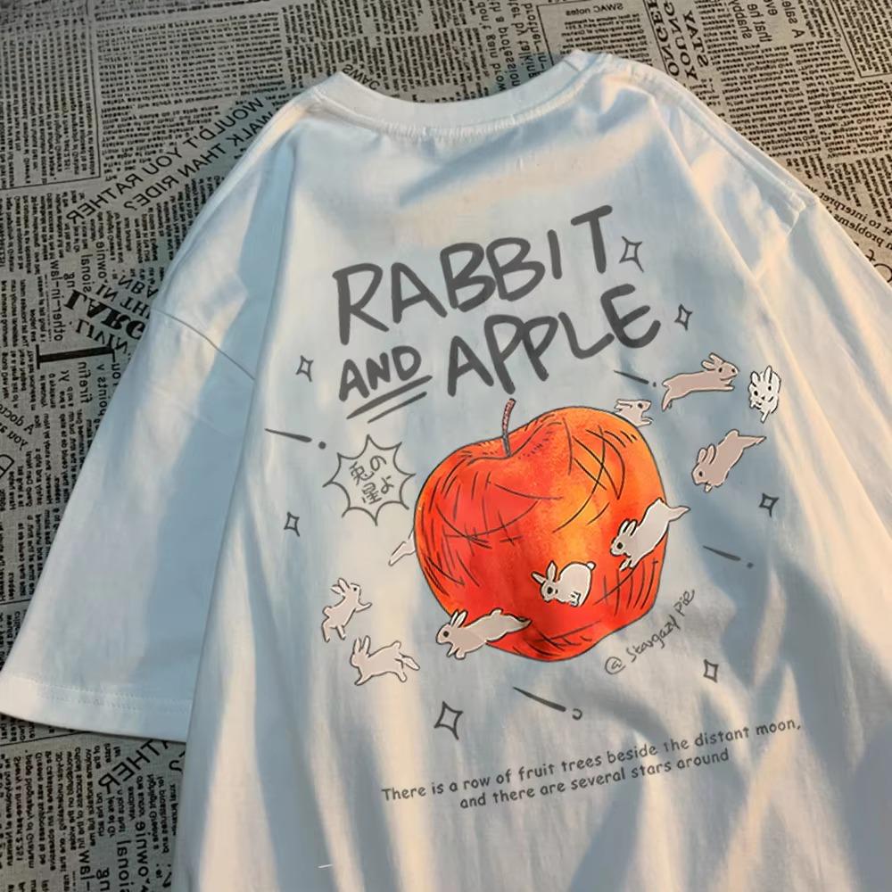 Rabbits Running Around Apples Print Unisexs Tees Cartoon Breathable T Shirts Popular Comfort TShirt Retro Round Neck Short Sleeved 2XL