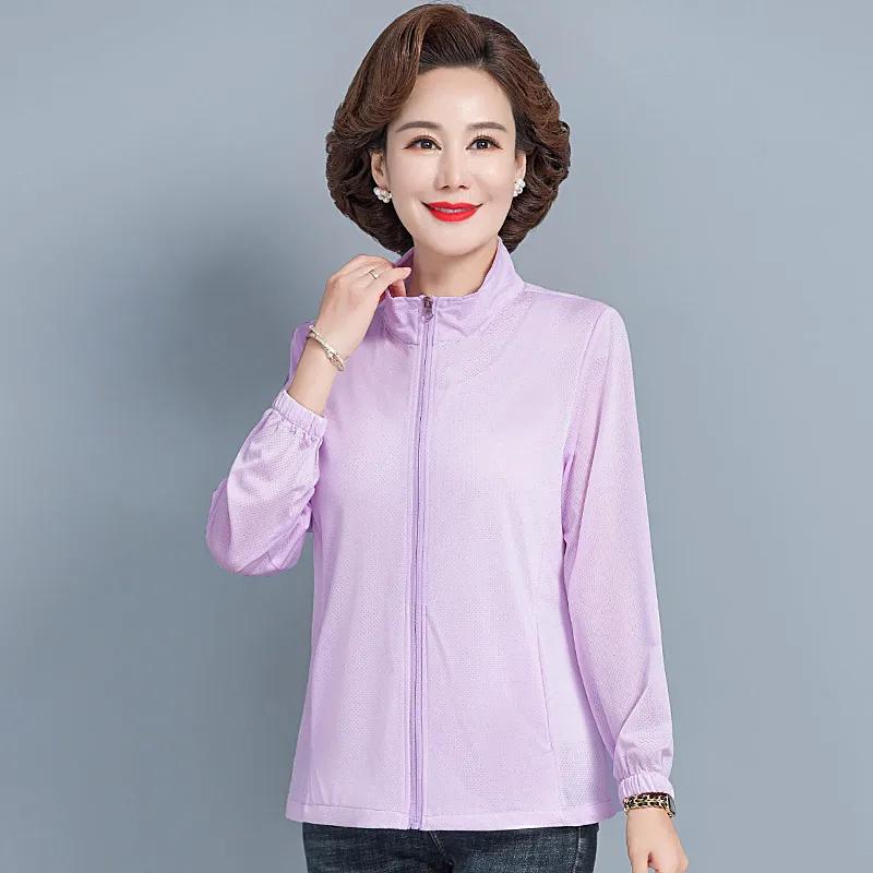 

Women s Summer Long-sleeved Thin Jacket Loose Top Middle-aged Mother Summer Sunscreen Stand-up Collar Zipper Jacket L фиолетовый