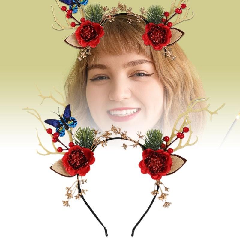 Enchanting Forest Style Antler Headband With Faux Flowers For Christmas Celebrations