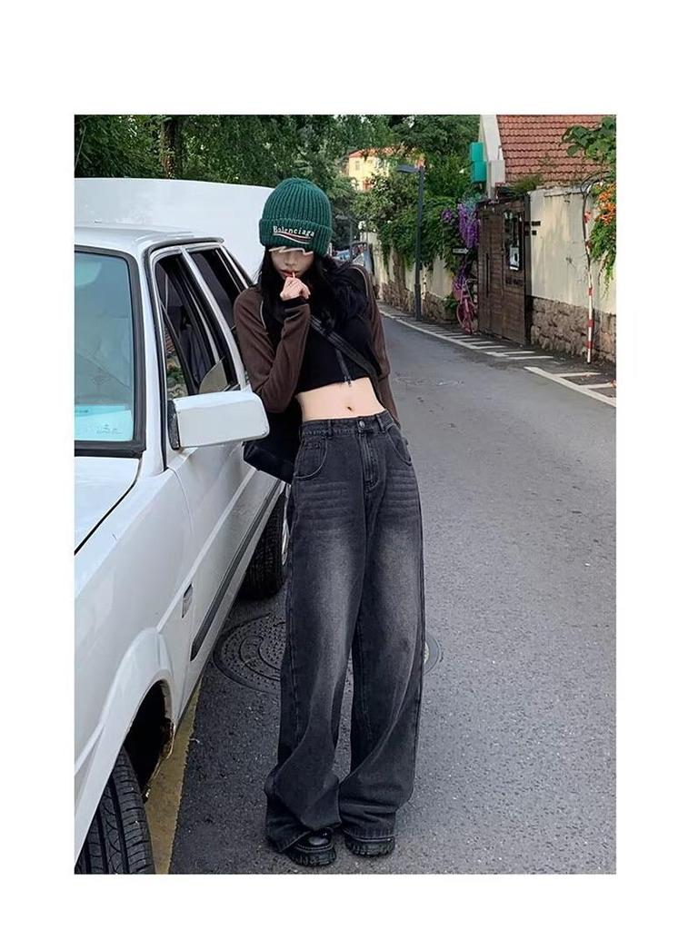 2025 Smoke Gray High-Waisted Wide-Leg Jeans: Trendy Spring Drapey Pants