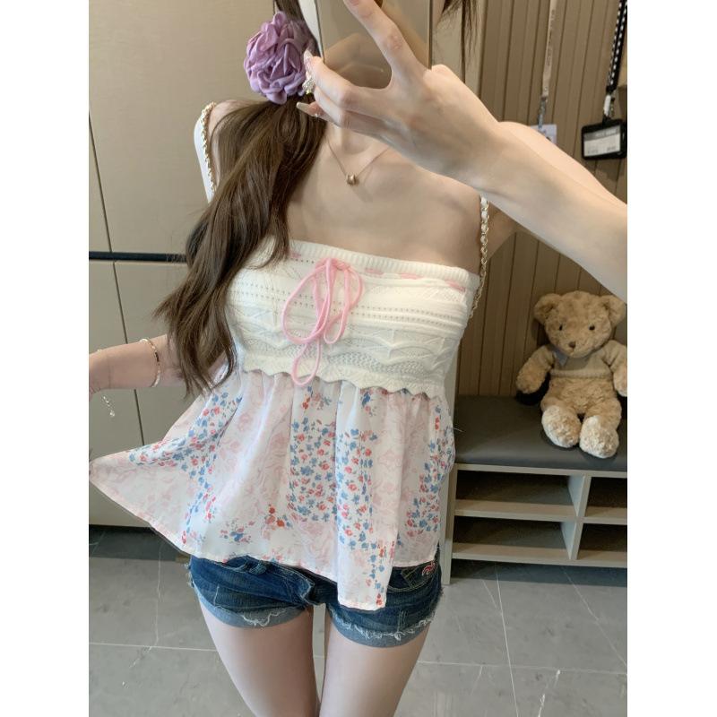 Pure desire sweet and spicy splicing floral tube top women summer slim and thin pink chic top