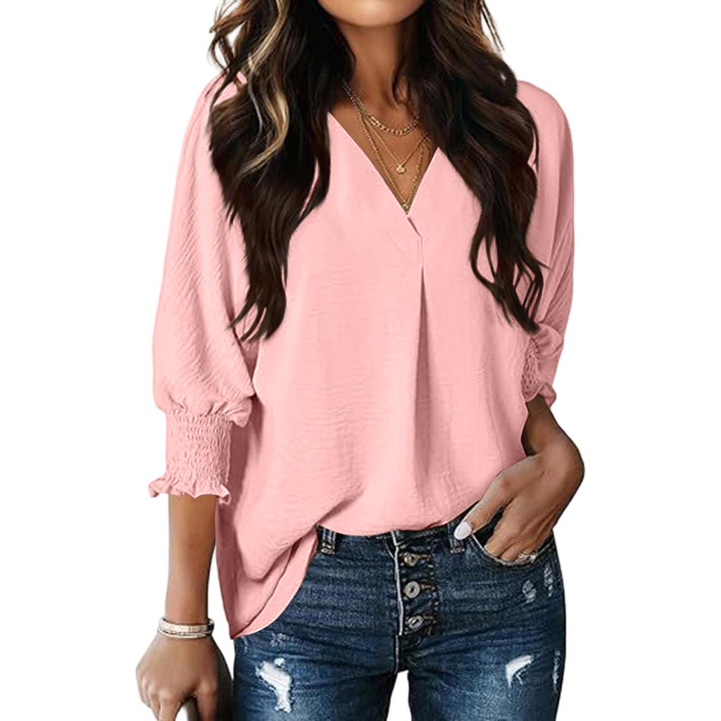 Women's Fashion V-Neck Casual Solid Color Three-Quarter Sleeve Top