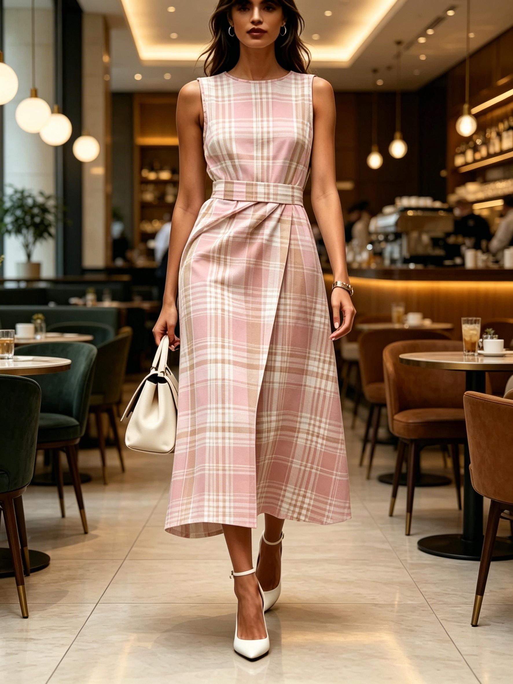 Pink Plaid Printed Round Neck Sleeveless Midi Dress Modern Elegant Casual Fashion Women s Clothing For Spring Summer And Autumn XXS