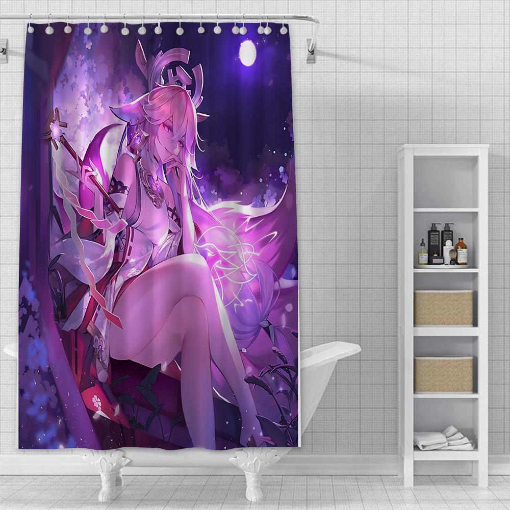 Shower Curtain Genshin Impact Yae Miko Anime Waterproof Fabric Bathroom Curtain With Hooks, Aesthetic Decorative Bath Curtain Fo