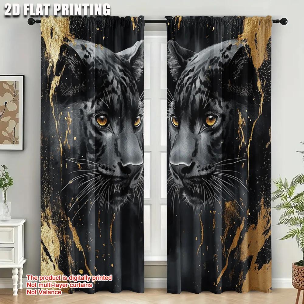 2pcs   plane printing Curtains&Window Treatment Golden Leopard Durable 100% Polyester Fabric (without rod) Festive Perfect for