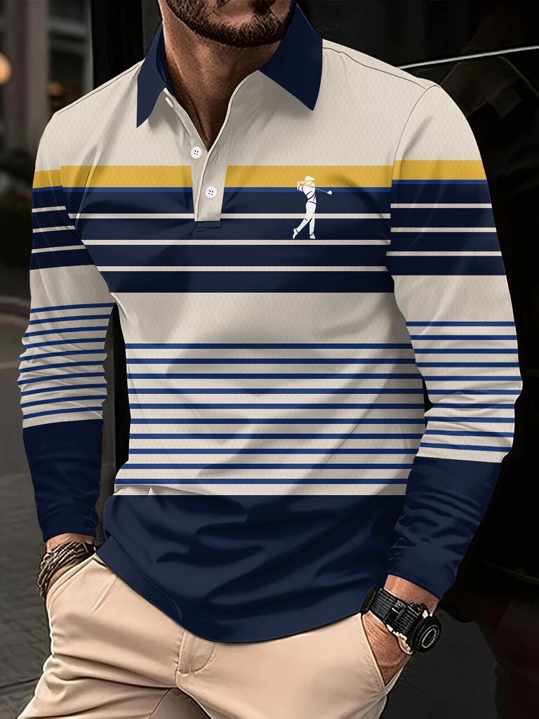 Men's Long-sleeved Striped Polo Shirt, Men's High Tie Button, Double-sided German Velvet Shirt for Winter