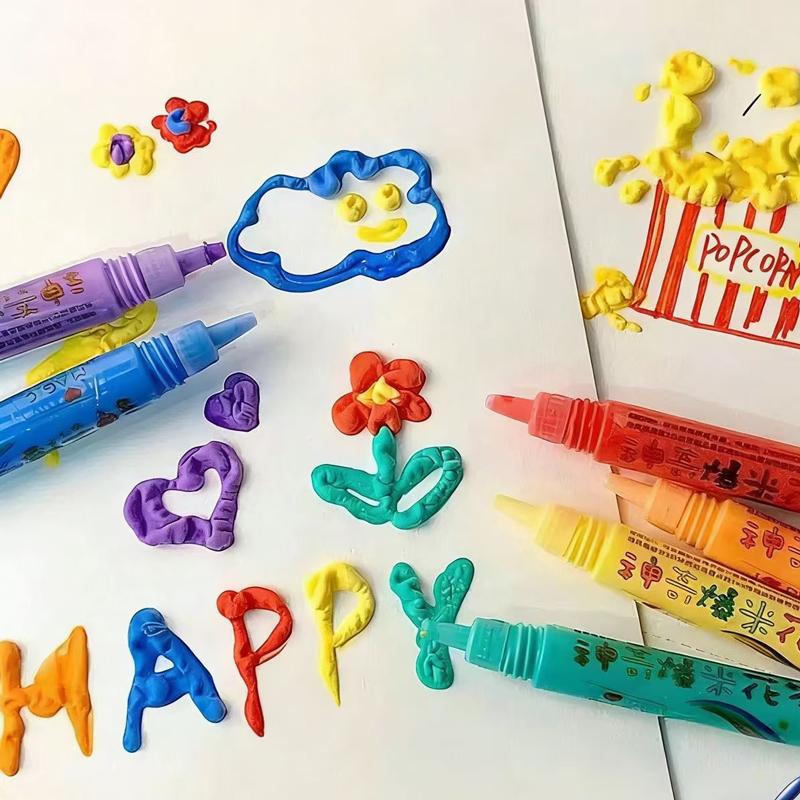 Magic Popcorn Pens 6 Colors Heat Activated 3D Puffy Paint Pens Bubble Pen for Kids Drawing DIY Art Crafts Marker School