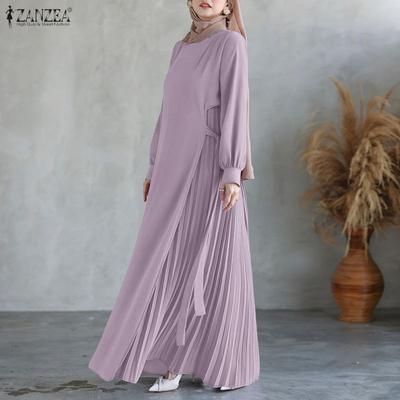 Muslim Casual Irregular Pleated Design Women Loose Long Sleeve Dress