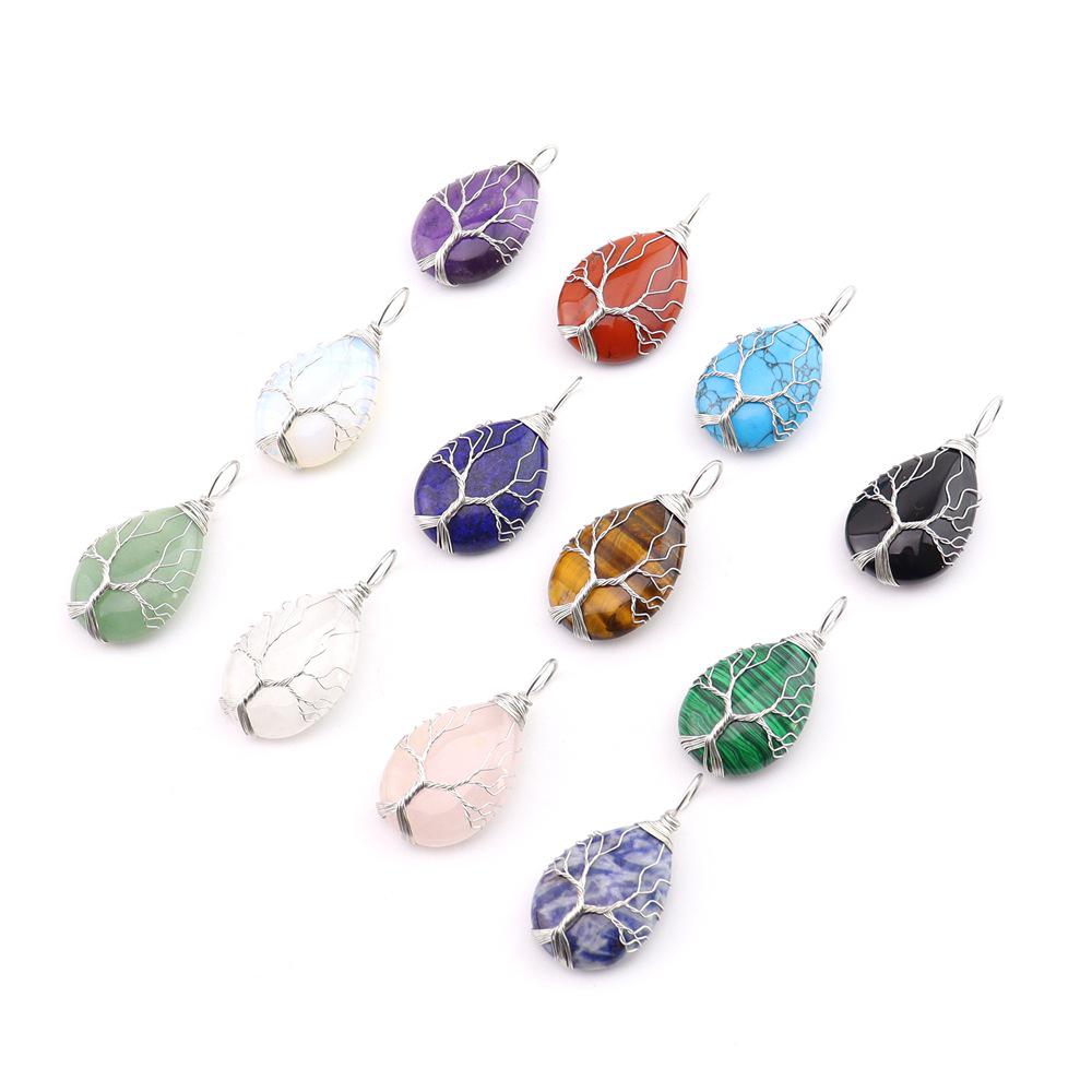 Natural Stone Agate Water Drop Tree of Life Pendant Necklace