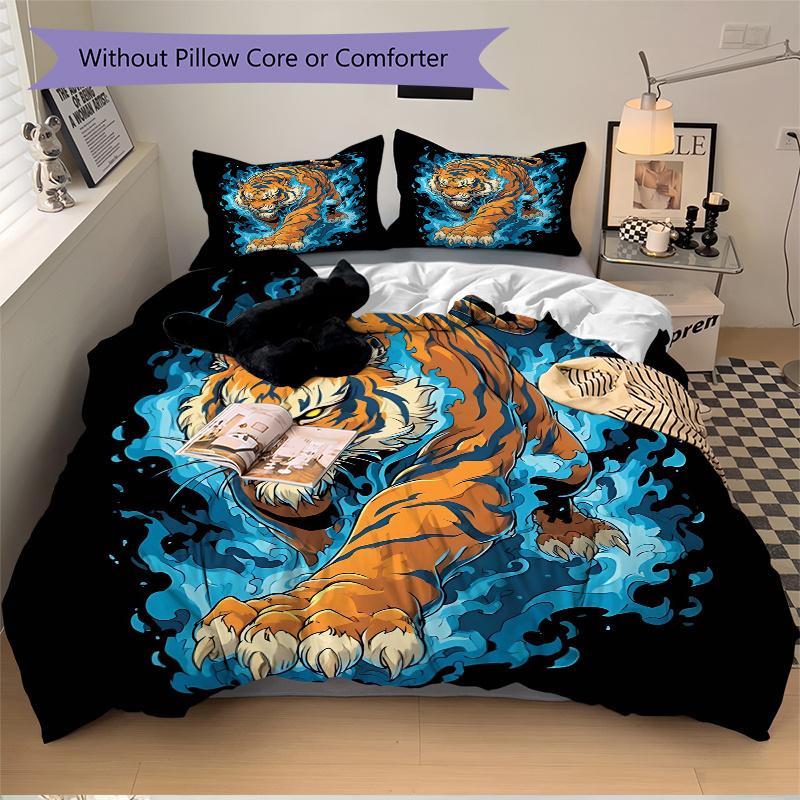 3pcs Blue Flame Tiger Quilt Set - Soft and Comfortable Bedroom, Guest Room and Dorm Decor Bedding Set 1 Quilt Cover + 2 Pillowcases.W012