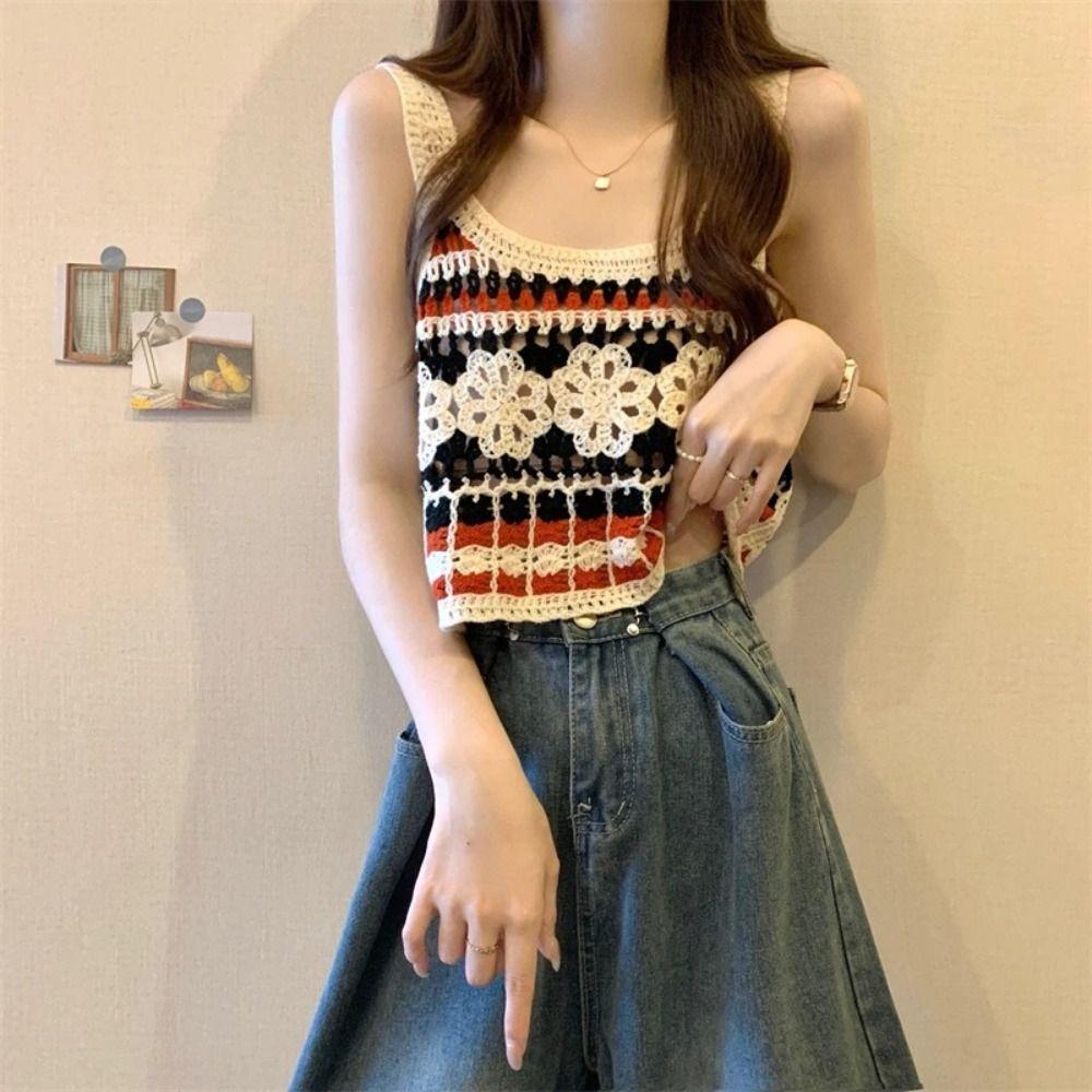 Short Knitted Vest Polyester Fiber Sleeveless Top Sweet Hollow Out Top Women's