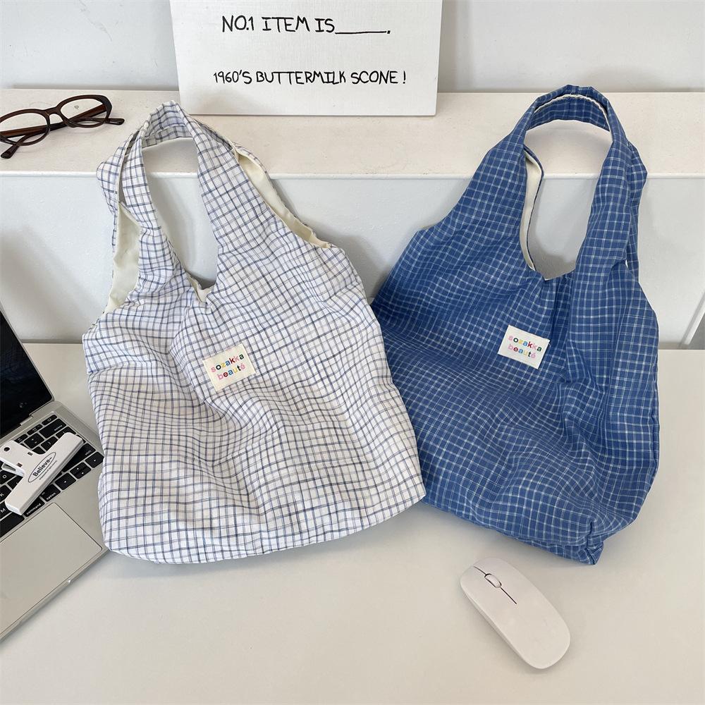 Retro Blue Grid Lazy Shoulder Shopping Bag Women Go Out Leisure Commuter Vest Bag Tote Bag