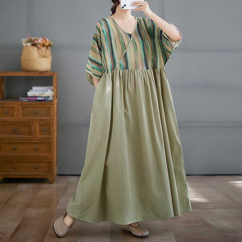 Cotton and Linen Summer Patchwork Retro Style Dress Long Skirt