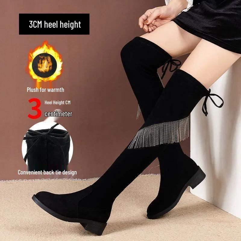 Damen Strass Quaste Wildleder Overknee Stiefel - Herbst 2025 Slim Fit Blockabsatz Hoher Schaft Stiefel