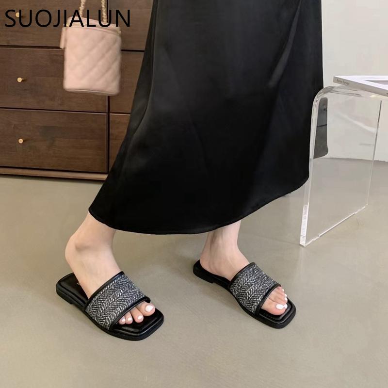 Fashion SUOJIALUN Summer New Brand Women Slipper Fashion Square Toe Open Toe Slip On Slides Soft Flat Heel Ladies Vaction Outdoor Shoes