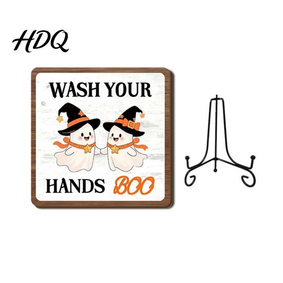 Bathroom Countertop Ornament Halloween Wooden Table Sign, Cute Spooky Ghost Plaque with Autumn Home Decorations Metal Stand for Kitchen Shelf