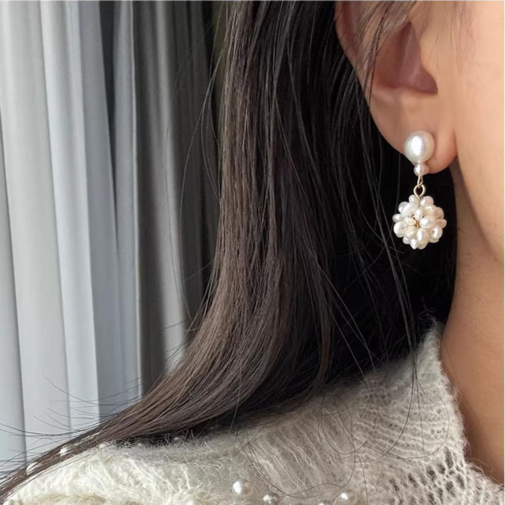 Hand-woven Flower Ball Natural Freshwater Pearl Earrings Women's French Retro High-end Temperament Fashion Stud Earrings Flower