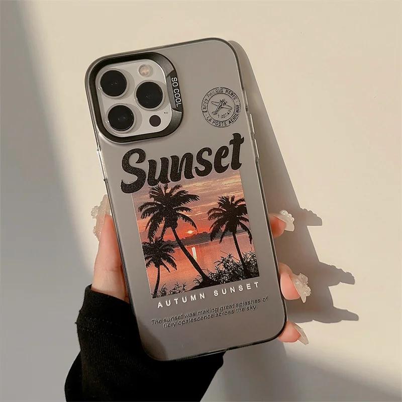 Sunset Coconut Tree Scenery Laser Phone Case For iPhone 16 15 14 13 12 11 Pro Max XS XR X 7 8 Plus SE  Shockproof Hard Cover