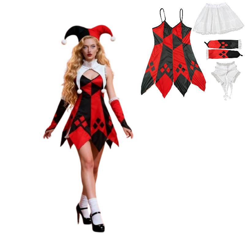 Costum de clovn de Halloween pentru femei din țesătură de poliester cu tematică fantasy pentru spectacol pe scenă