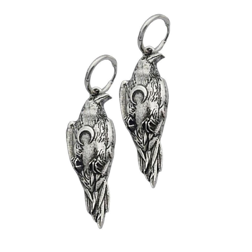 Viking Retro Silver Crescent Moon Raven Bird Dangle Earrings Necklace Set for Men Women Goth Halloween Pagan Witch Jewelry