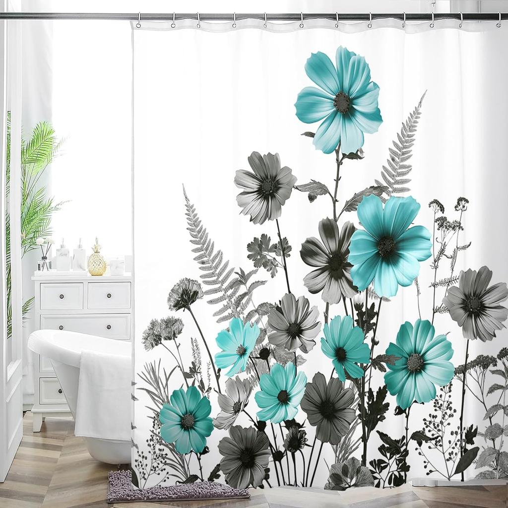 Cottage Floral Shower Curtain - Pink/Lavender Butterfly Design, Waterproof Washable Fabric, with Hooks, Modern Farmhouse Decor