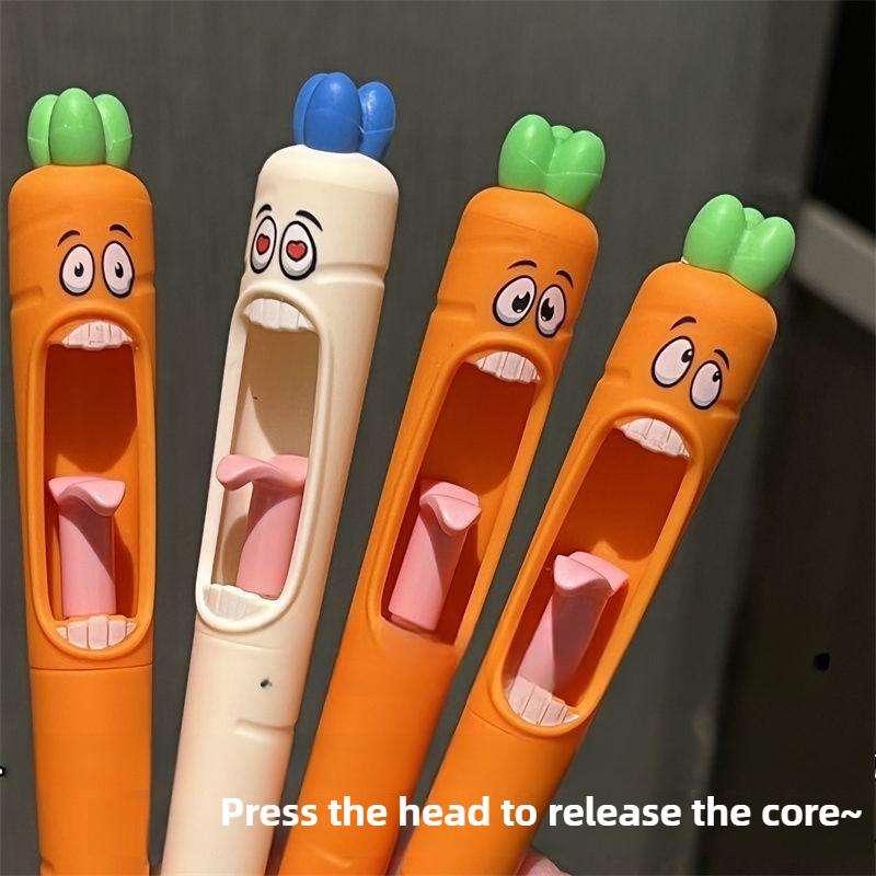 4pcs Funny Carrot Press Type Black Quick Dry Gel Pen High Value Creative Stress Relief Writing Tool for Study Office School