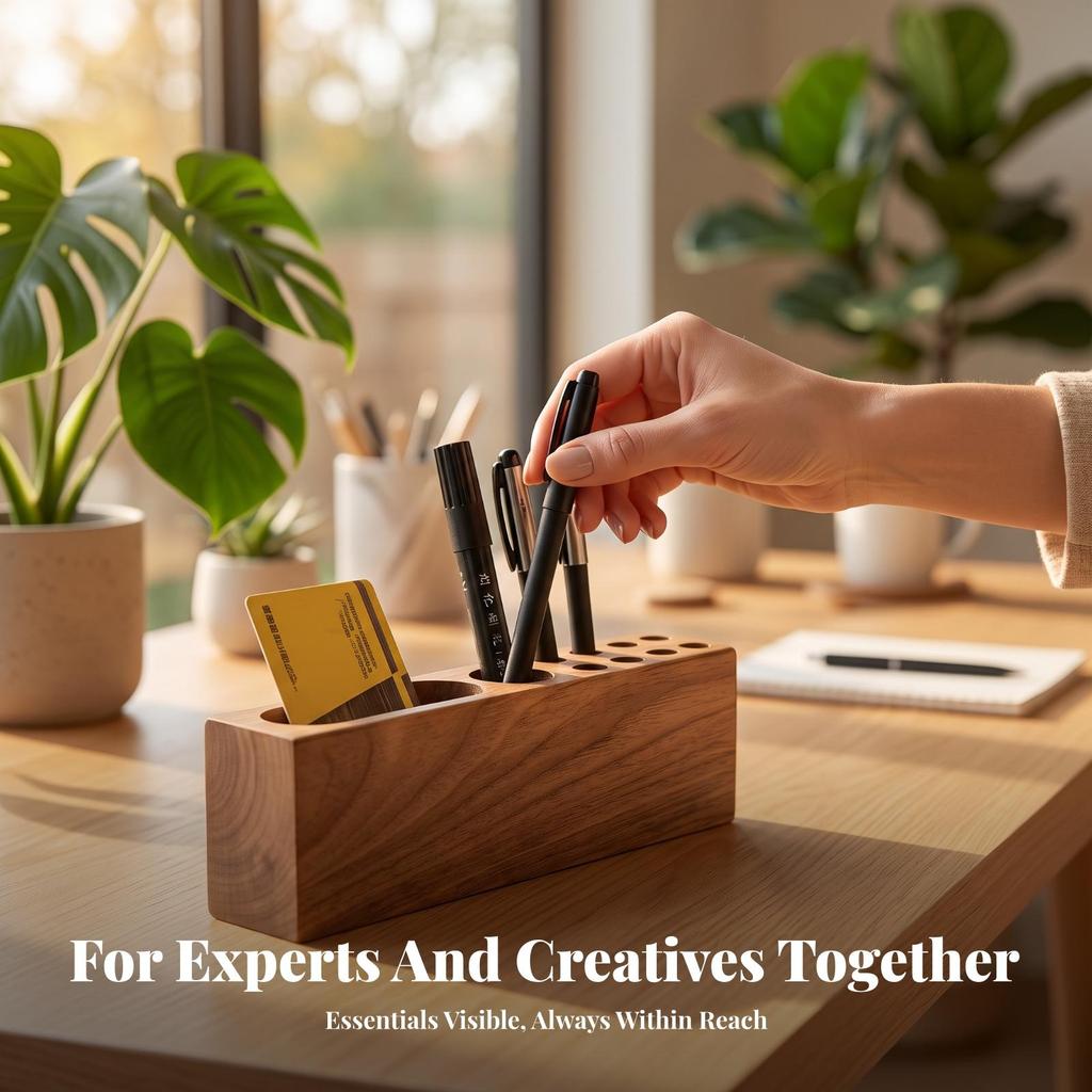 Pen Holder with Card Slot Natural Wood Desk Tidy Compact for Study Room