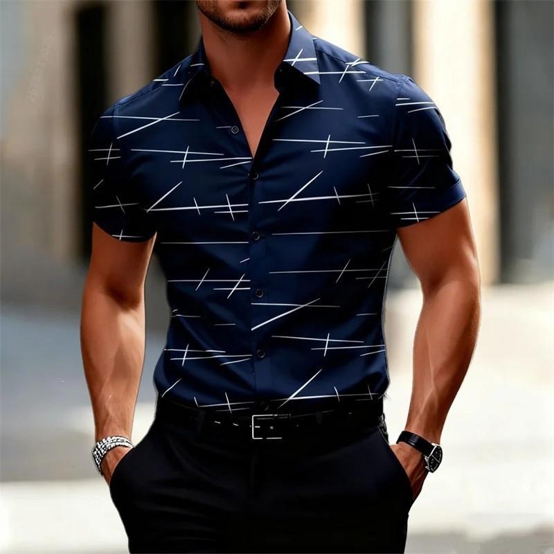 Men Abstract Line Print Lapel Short Sleeve Button Down Shirt