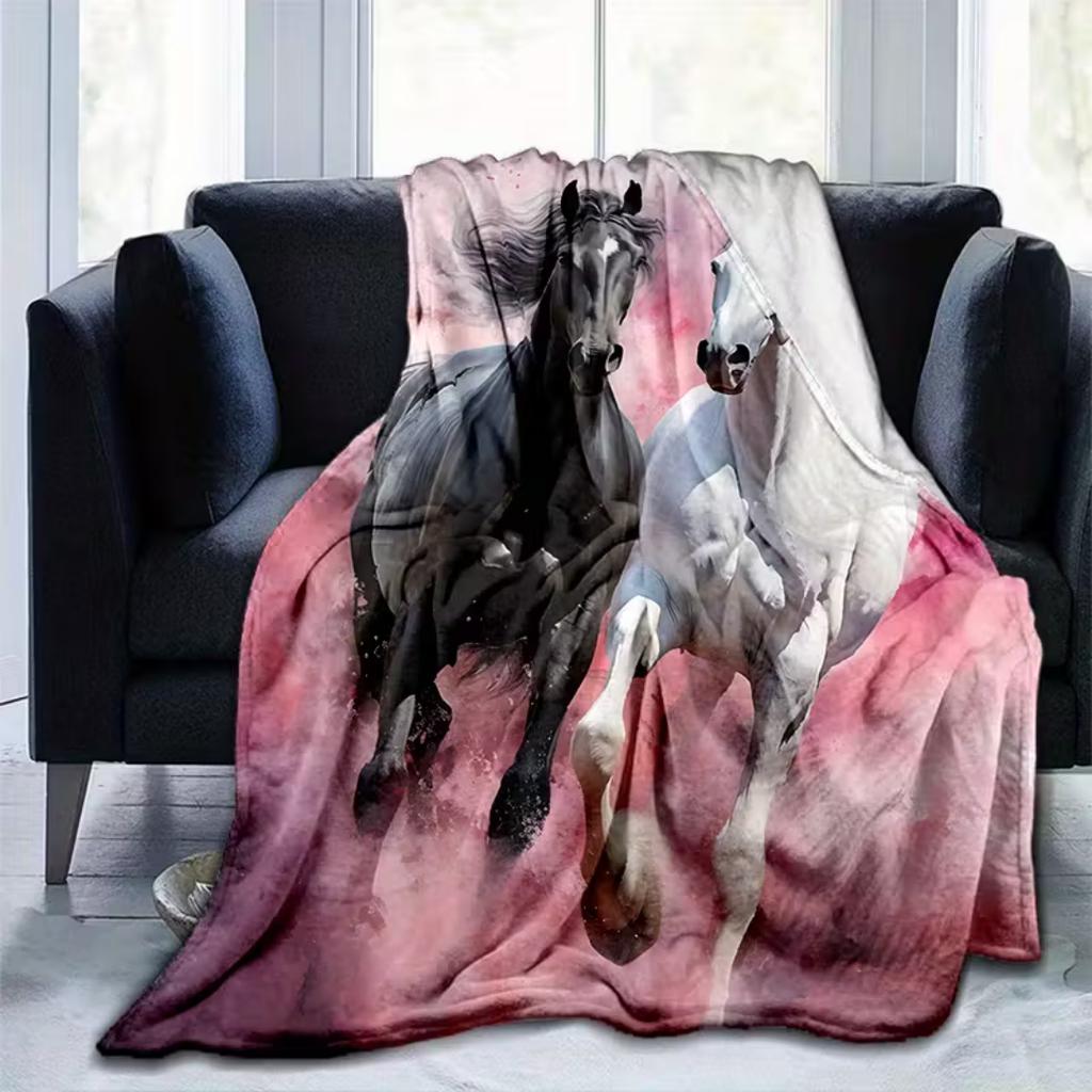 1pc Pink Blanket Love Black White Horse Printed Throw Blanket Winter Kids Couch Bed Fluffy Bedspread Birthdat Gift for Adult