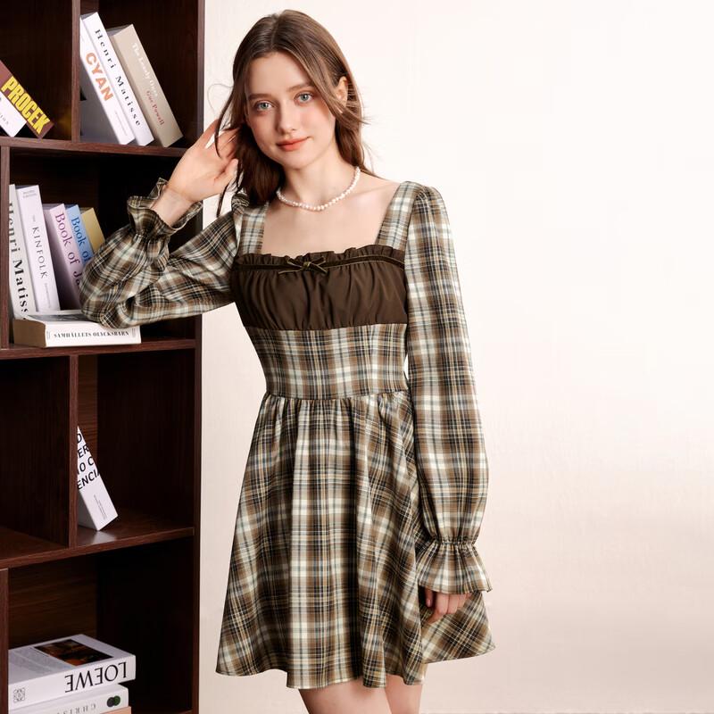 

LED IN Preppy Velvet Bow Plaid Spliced Dress M