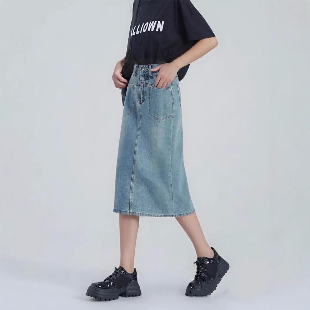 Light Blue High-Waist Slit A-line Denim Skirt for Women - 2025 Casual Mid-Length Slimming Design