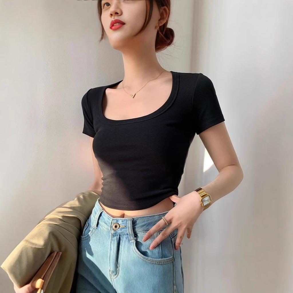 Damski Letni Biały Krótki Top z Dekoltem U - Słodki i Pikantny Krótki Rękaw