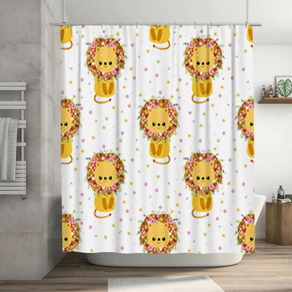 Cute Animal Shower Curtain Yellow Lion with Flower Crown Pattern for Bathroom Decor White Fabric Waterproof Bath Liner (180x240c