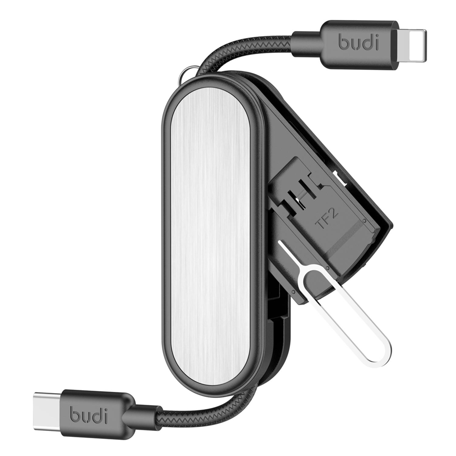 

BUDI CP586TLB Multi-Function USB-C to iP Data Cable Kit, Portable Travel Charging Cable Set with SIM/TF Card Slots, Tool Eject Pin