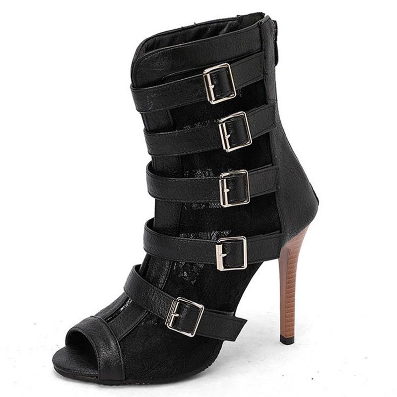 Belt Buckle Women Sandals Boots Lace Patchwork Peep Toe Summer Women High Heels Shoes Fashion Sandals 10.5cm Women Pumps WSH5258