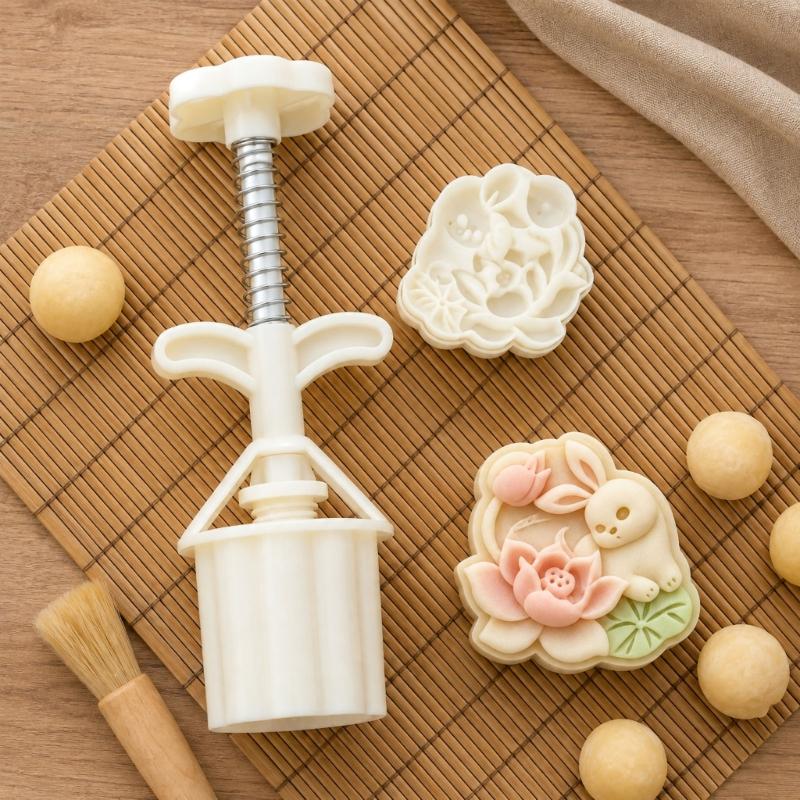 Lotuses Rabbit Moon Cake Molds 50G Manual Press Set, Plastic Pastry Shaping Tool for Pattern Dessert, Home Baking, and DIY Pastry Projects