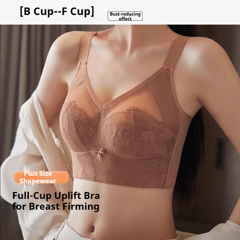 Plus‑Size Wire‑Free Lace Adjustment Bra Thin Breathable Bunny‑Ear Cup Bra Minimizer for Large Bust Gather Anti‑Sagging