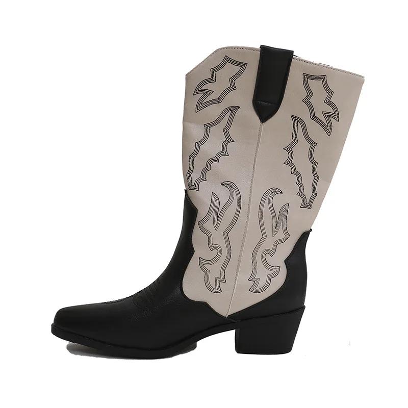Embroidery Women Western Cowboy Boots Fashion Slip On Thick Heel Knight Long Booties Retro Style Autumn Winter Female Shoes